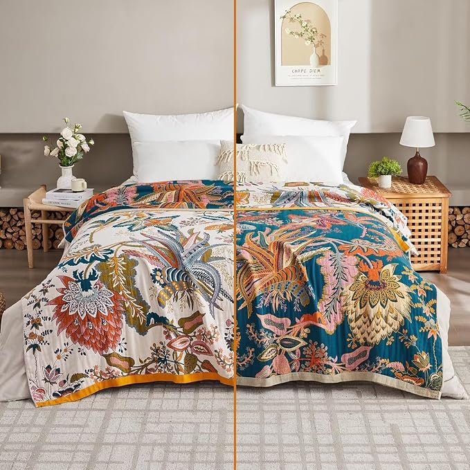 Boho Throw Blanket Farmhouse Decor Throw Blanket Bohemian Blanket for Bed 100% Cotton Muslin Woven Couch Blanket All Seasons Quilt Bedroom (J-Beige, 50"x60")