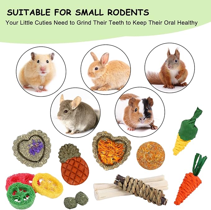 VESPRO Bunny Toys, 21PCS Rabbit Chew Toys for Teeth, Guinea Pig Natural Treats, Timothy Hay Sticks for Chinchillas Hamsters Rats, Small Animals Teeth Grinding