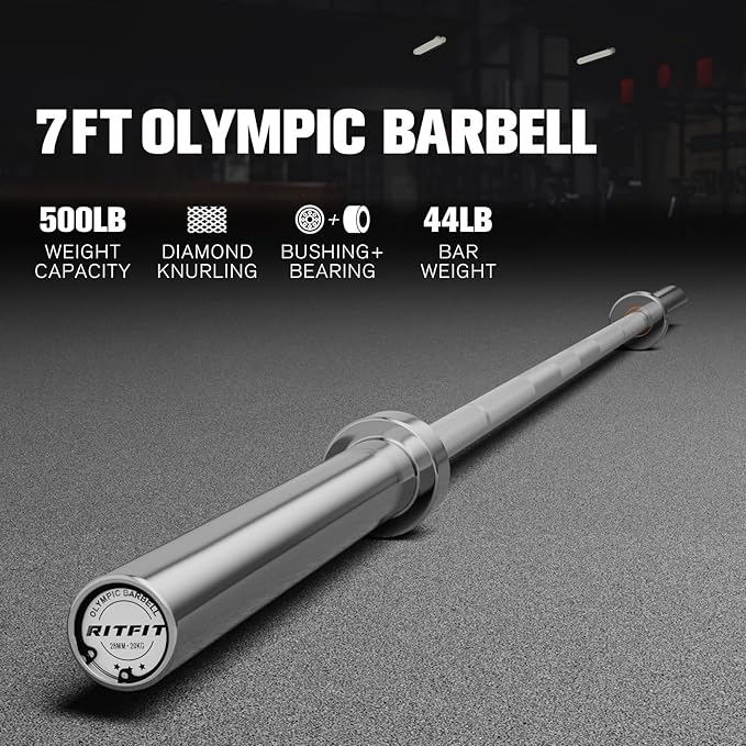 RITFIT 7FT Olympic Barbell for Strength and Weightlifting Training - 2 Inch Olympic Bar for Squat, Deadlift, Bench Press, Curl, Overhead Press - 500lbs/1000lbs/1500lbs Capacity