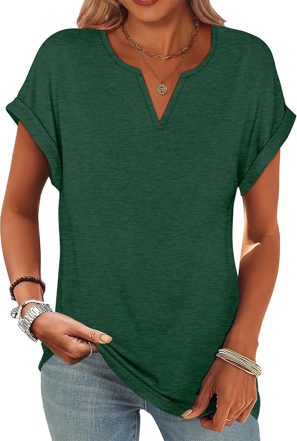 Womens Tops Dressy Casual V Neck Rolled Sleeve T Shirts Fashion Clothing Business Casual Outfits Beach Vacation Clothes