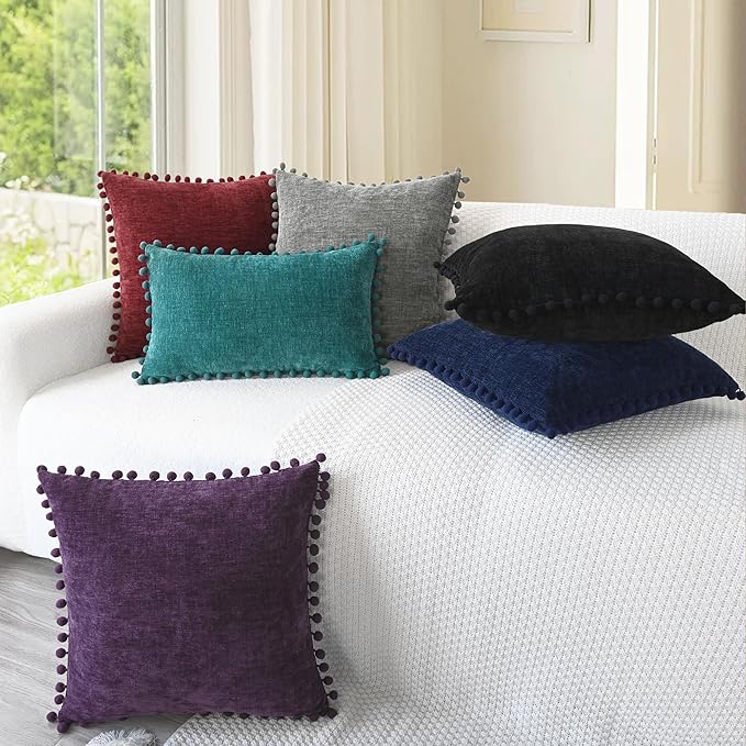 CaliTime Decorative Couch Throw Pillow Covers 22 X 22 Inches Medium Grey | Pack of 2, Cozy Chenille Cushion Cases, with Pom Poms for Sofa Bed Living Room Farmhouse Home