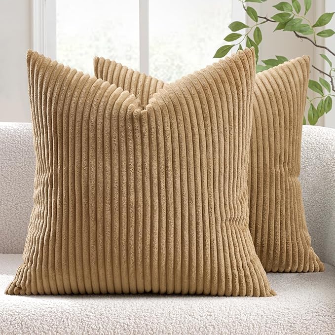MIULEE Decorative Corduroy Throw Pillow Covers Set of 2 16x16 Khaki | Soft Striped Textured Cushion Cases, Boho Rustic Square Pillowcases for Home Decor, for Couch Chair Sofa Bed Living Room