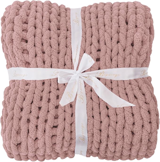 Bigacogo Chunky Knit Throw Blanket for Couch, 60x80 inches, Dusty Pink | Hand Knit with Jumbo Chenille, Soft Breathable Cable Knit for Sofa Bed Living Room, Machine Washable, Gift for Mom Friend