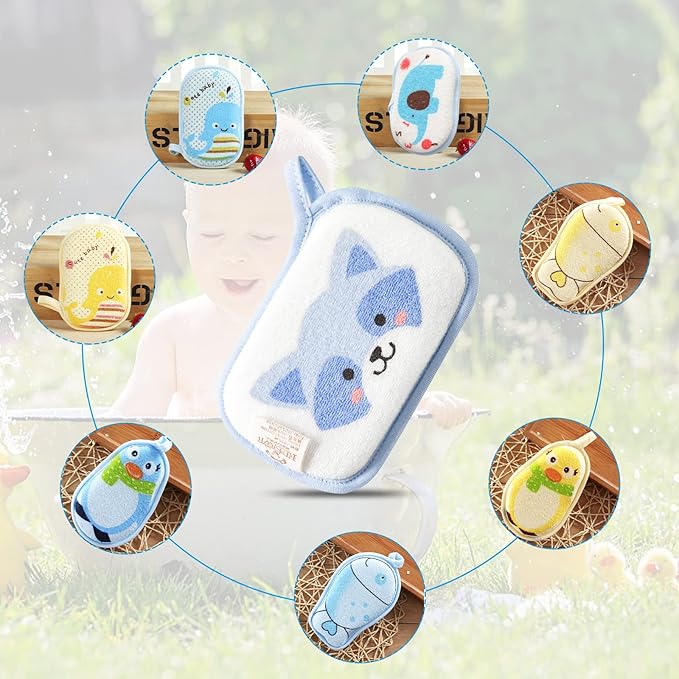 Baby Bath Sponge, 2 Pack Cartoon Animal Style Baby Sponge for Bathing, Infants Bath Sponge Ultra Soft & Absorbent Natural and Safe Great for Sensitive Skin, for Boys & Girls (Deer & Loong)