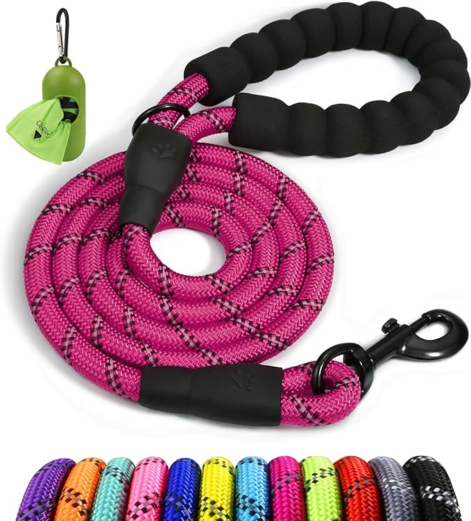 Taglory Rope Dog Leash 4 FT with Comfortable Padded Handle, Highly Reflective Threads Leash and Anti-Tangle Clip for Walking Medium Large Dogs, 1/2 inch, Hotpink
