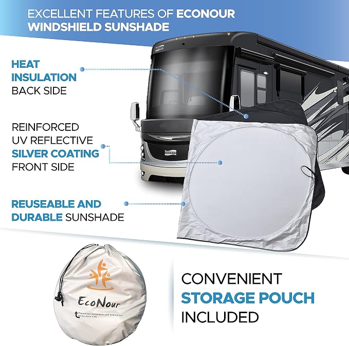 EcoNour RV Windshield Sunshade | Reflective RV Windshield Cover for UV Rays & Heat Protection, Keeps Your RV Motorhome Cool | Shades for RV Fits RVs, Trucks, Motorhomes, Buses | XXXXX-Large 102"x51"