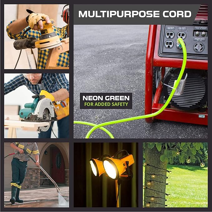 Iron Forge Cable Weatherproof 25 Ft Outdoor Extension Cord Neon Green - 12/3 SJTW 15 Amp Heavy Duty Light Green High Visibility Cable with 3 Prong - Lighted End