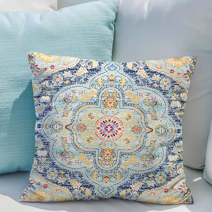 Snycler Boho Throw Pillow Covers 16x16 inch Set of 2 Burnt Blue Yellow Terracotta Rust Colored Throw Pillows Boho Home Decor for Bedroom Living Room Couch & Sofa (No Inserts)