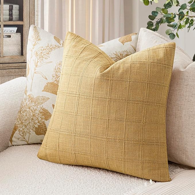 Foindtower Set of 2 Decorative Linen Check Throw Pillow Covers Neutral Farmhouse Vintage Cushion Covers Modern Boho Accent Home Decor for Sofa Chair Couch Bedroom Living Room,18×18 Inch,Amber Gold