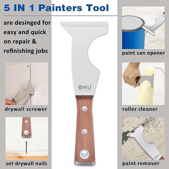 CHILI Tools 7/8" Wide Mini Pry Bar With Flat End + CHILI Tools 5 IN 1 Paint Scraper With Wooden Handle Hammer End (Paint Scraper & Mini Pry Bar)
