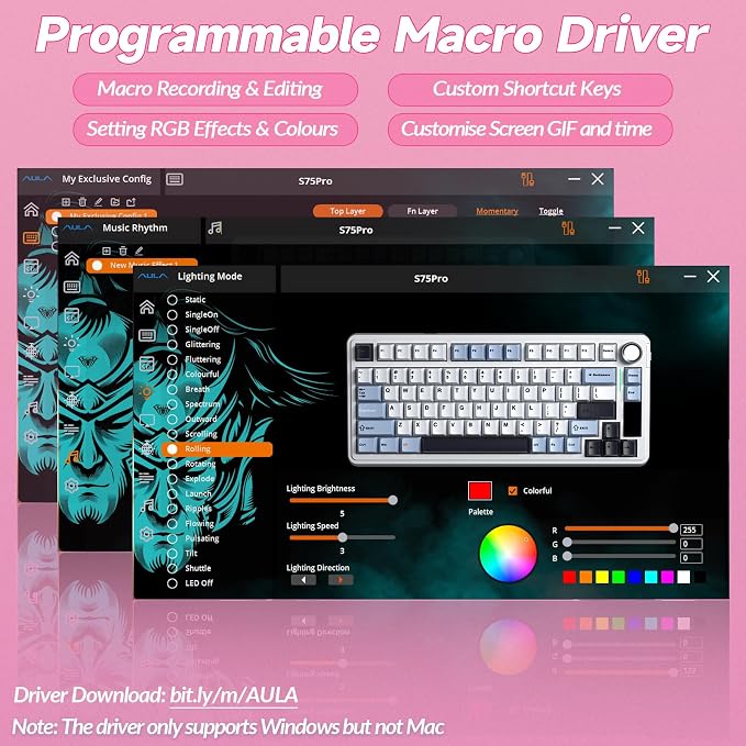 AULA S75 PRO Wireless Mechanical Keyboard with Screen&Knob, Tri-Mode Hot Swappable Gaming Keyboard 75%, Pre-lubed Switches, RGB Backlit, Side Printed PBT Keycaps, Creamy Sounding Pink Keyboards