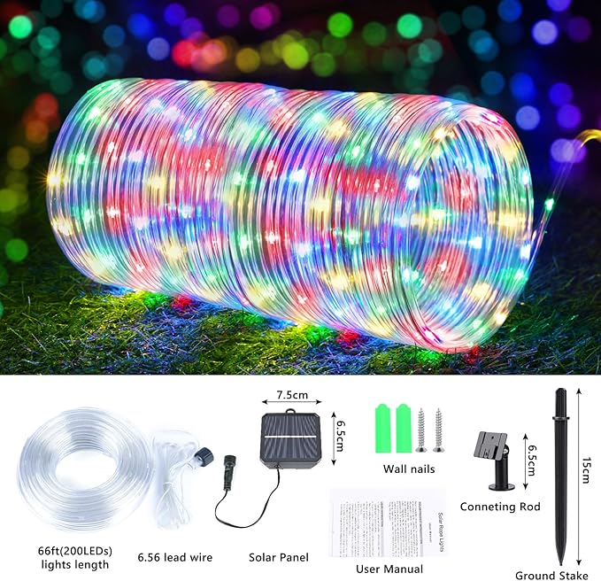 Solar Rope Lights, 66ft 200LED Solar String Lights, 8 Modes Waterproof Solar Powered Outdoor Light, Flexible Clear Tube Light for Garden, Backyard, Patio, Deck, Porch, Pool, Tree Decor - Multicolor
