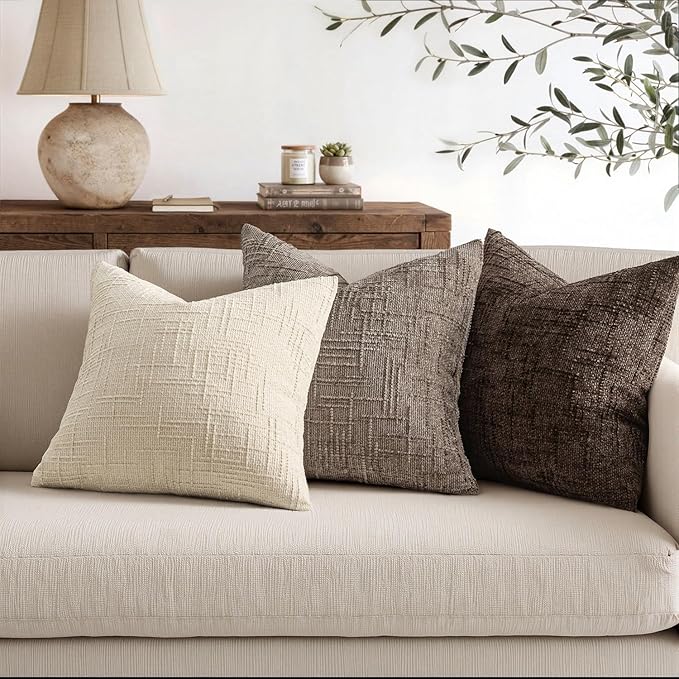 MIULEE Chenille Textured Throw Pillow Covers Taupe Grey 20x20 Set of 2 | Slubby Decorative Pillows, Fall Boho Farmhouse Home Decor, Modern Neutral Cushion Covers for Couch Sofa Bed Living Room