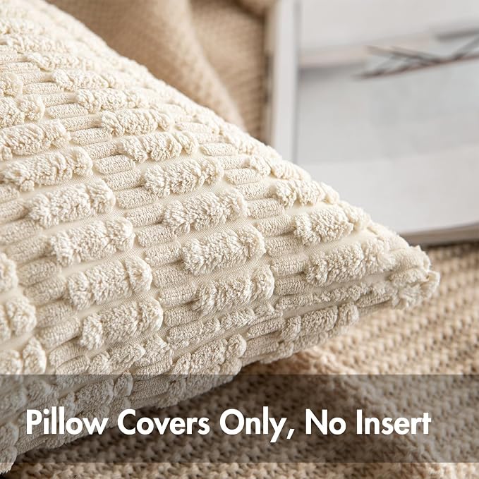 MIULEE Pack of 2 Corduroy Decorative Euro Sham Throw Pillow Covers 26x26 Inch Soft Boho Striped Pillow Covers Modern Farmhouse Home Decor for Sofa Living Room Couch Bed Cream White