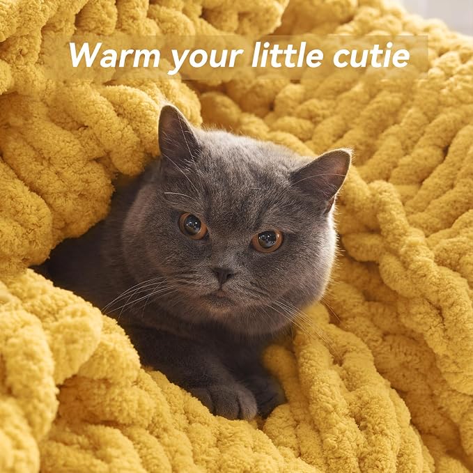Negwoo Chunky Knit Throw Blanket, Knitted Throw Chenille Yarn, 50"*60" | Soft Thick Cable Knitted Blankets, Handmade Big Thick Blanket, Machine Washable Cute Comfy Blanket for Home Decor, Yellow