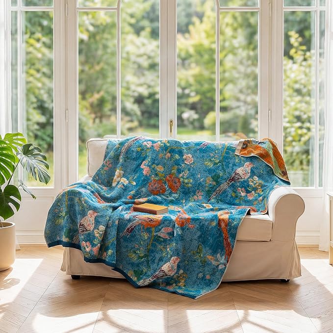 LUTBM Boho Throw Blanket for Bed 60"x80", All Season Cotton Couch Blankets | Blue Reversible Floral Birds Jacquard, All-Season Lightweight Twin Quilt, For Chair Sofa Bedroom Living Room, Home Decor