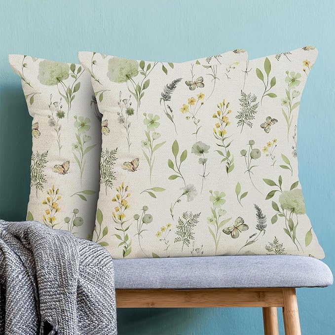 AEIOAE Spring Pillow Covers 24x24 Inch Set of 2, Sage Green Yellow Wild Flower Throw Pillows Case,Colorful Seasonal Floral Plant Outdoor Decorative Farmhouse Decor Cushion Covers for Sofa Bed Couch