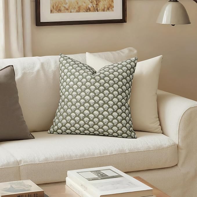 MIULEE Floral Print Decorative Euro Pillow Covers 22x22, Sage Green | Vintage Boho Farmhouse Modern Home Decor, Set of 2, Block Print Cushion Covers for Couch Sofa Bed Living Room