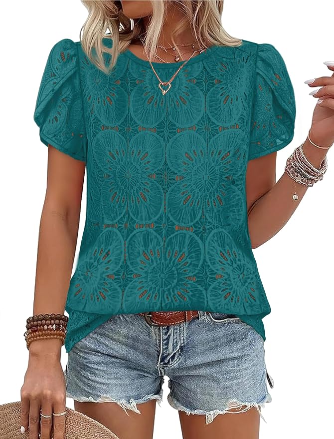 OFEEFAN Blouses for Women Dressy Casual Petal Short Sleeve Shirts Crochet Lace Boho Tops Spring Fashion Summer Outfits