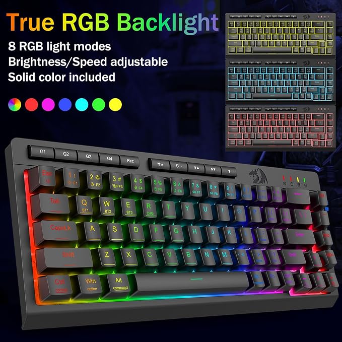 Redragon Wireless Gaming Keyboard, RGB Backlit, Portable 60% Design, Black | Bluetooth/2.4GHz/USB-C Wired, Mini Quiet Macro Membrane Keyboard, Rechargeable 4000mAh Battery, Anti-Ghosting for Win/MAC