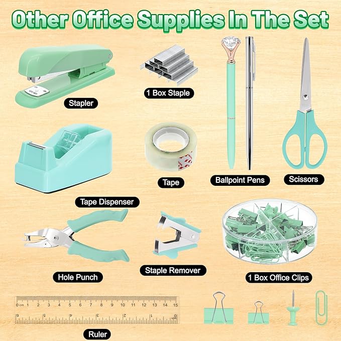 13-in-1 Office Desk Organizer Set with Stapler and Tape Dispenser, Pen Holder, Scissors, Ruler, Hole Punch, 2 Pens & More Desktop Accessories for Back to School Supplies (Green)