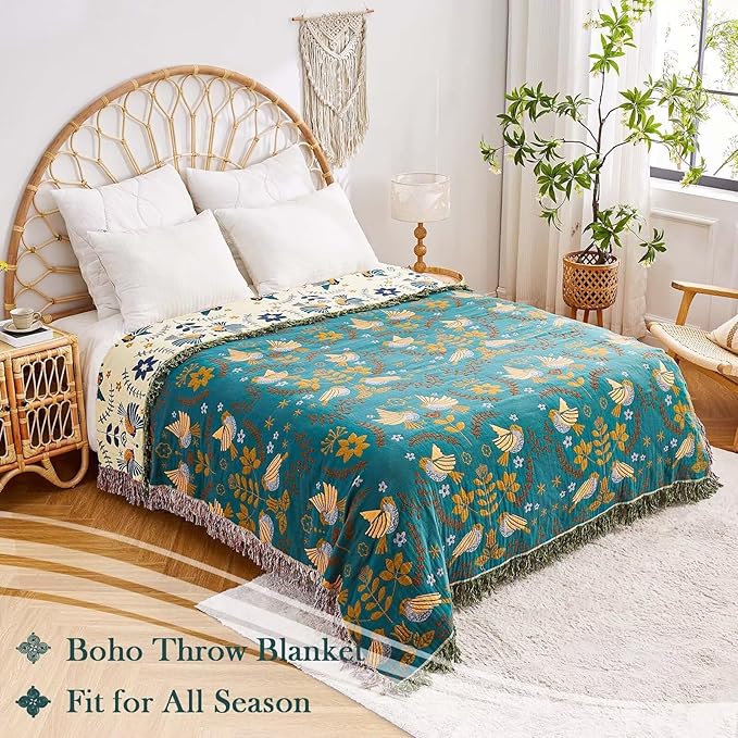 XIBLC Boho Throw Blanket, 100% Cotton Ultra Soft Luxury Throw Rustic Quilt, 80"x90" Floral Printed Farmhouse Decor Bed Summer Blankets, All Season Rustic Reversible Bohemian Throw for Bed - Blue