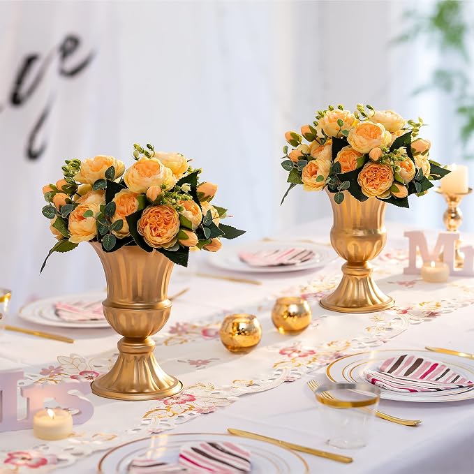 Sziqiqi Gold Metal Vase for Centerpiece, Table Flower Arrangements, 10Pcs | 9in Tall Compote Vase, Trumpet Urn Vase for Decoration, Planter Pot for Artificial Flower, For Reception, Home, Party Decor