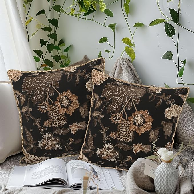 Vintage Black Floral Leaves Velvet Pillow Covers 20x20 Inch Brown Beige Tan Boho Flowers Throw Pillows For Couch Cushion Covers Pillowcase Farmhouse Bohemian Pillow Cases for Sofa Bed Bedroom