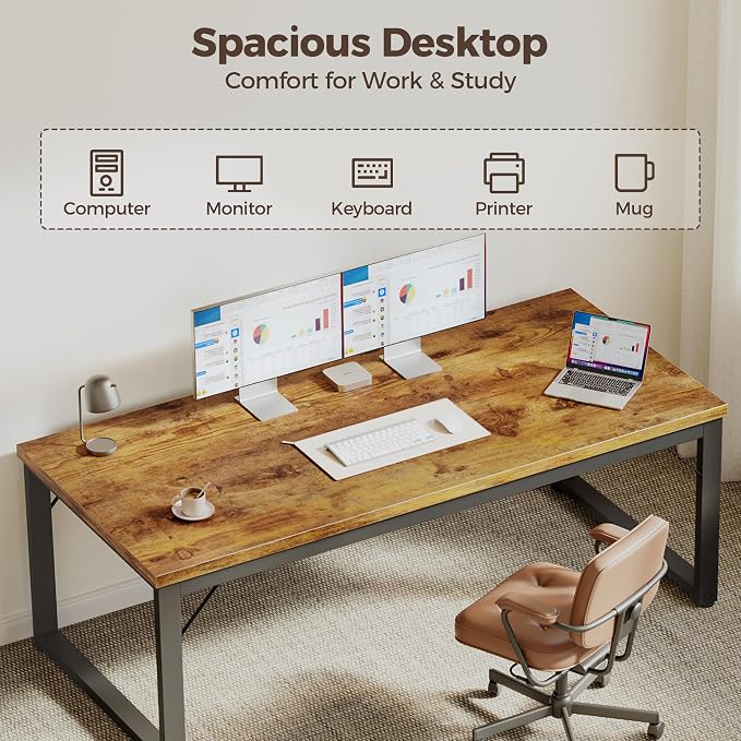 Mericonia 54 Inch Computer Desk, 1" Thick Large Office Table, Brown | Modern Simple Style, Heavy Duty Industrial Frame, Study & Writing Table for Home Bedroom Work