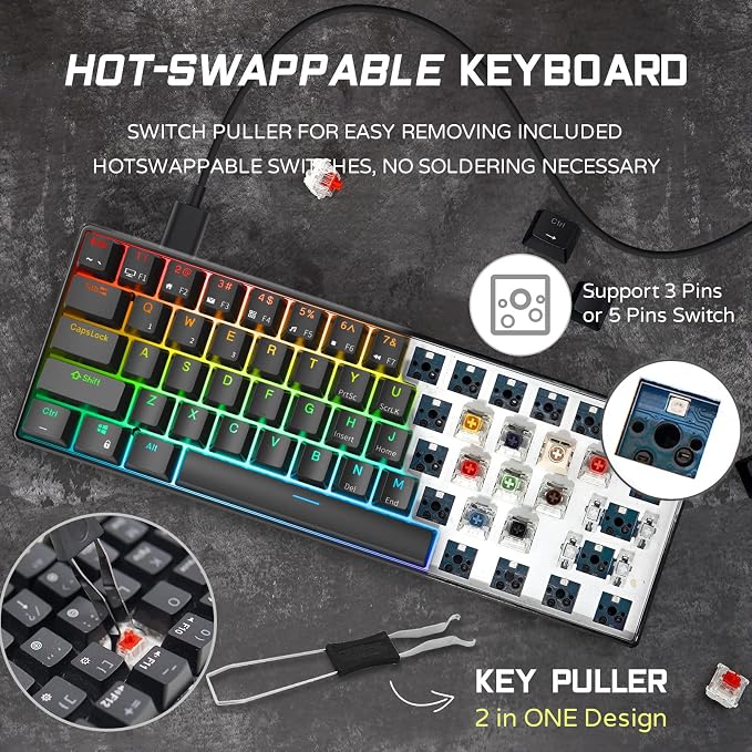 RK ROYAL KLUDGE RK61 Wired 60% Mechanical Gaming Keyboard Programmable QMK/VIA RGB Backlit 61 Keys Ultra-Compact Hot Swappable Brown Switch Black