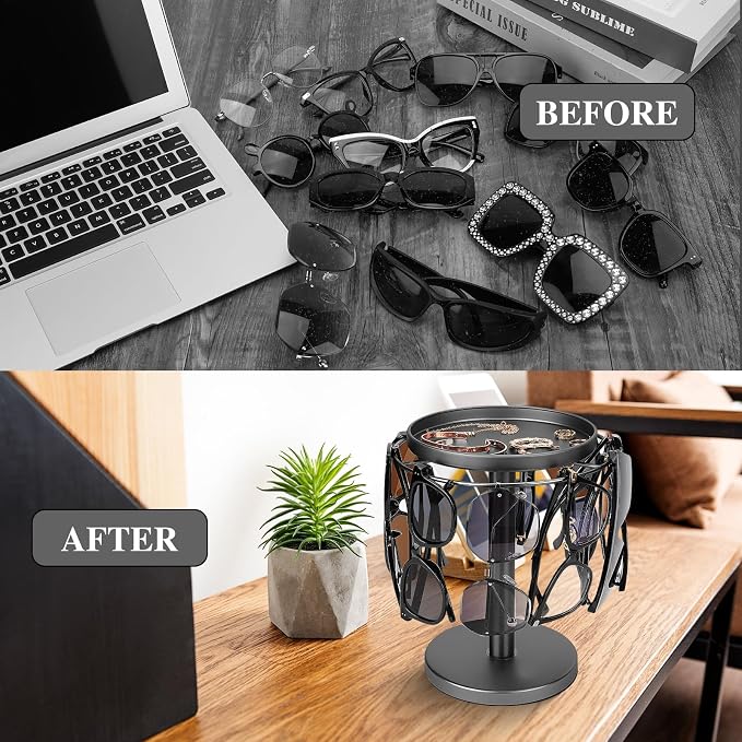 kondyfayo 360 Rotating Sunglass Organizer Glasses Holder (Titanium Black) | Stainless Steel Stand with 360 Rotation Holds 9 to 12 Pairs. Top Tray Stores Rings, and Keys for Desk, Dresser, Nightstand