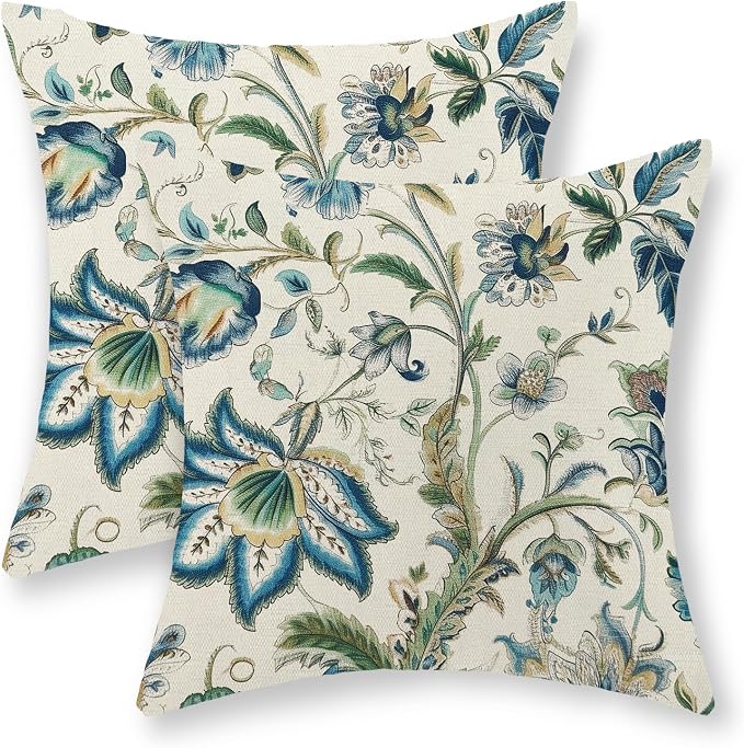 Blue Green Pillow Covers 24x24 Set of 2 Sage Green Chinoiserie Floral Throw Pillows Boho Vintage Flowers Decorative Pillowcase Outdoor Chinoiserie Decor Farmhouse Cushion Case for Couch Sofa