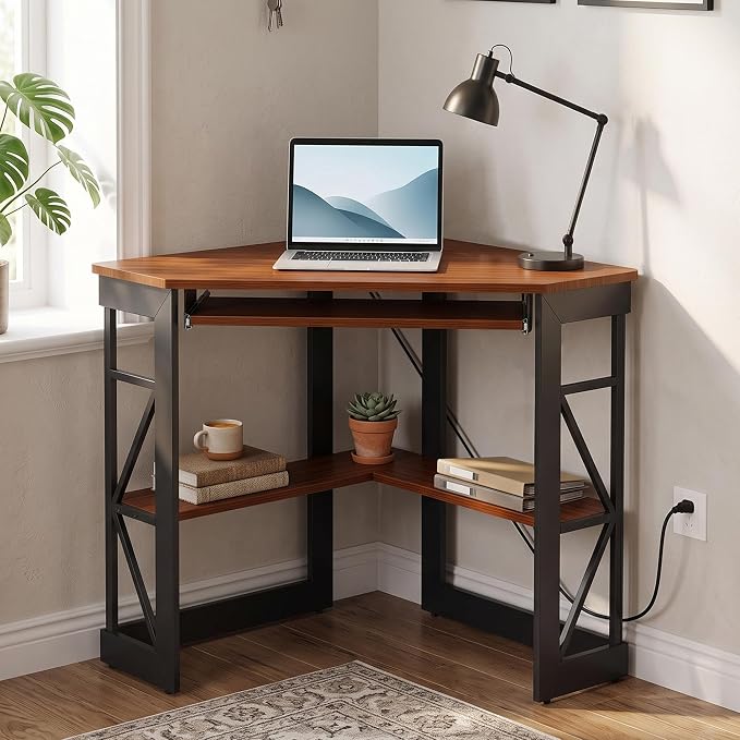 VECELO Corner Desk, Triangle Computer Desk for Small Space with Charging Station and Keyboard Tray, Corner Makeup Table with Storage Shelves for Home Office Bedroom, 41x30, Teak Brown
