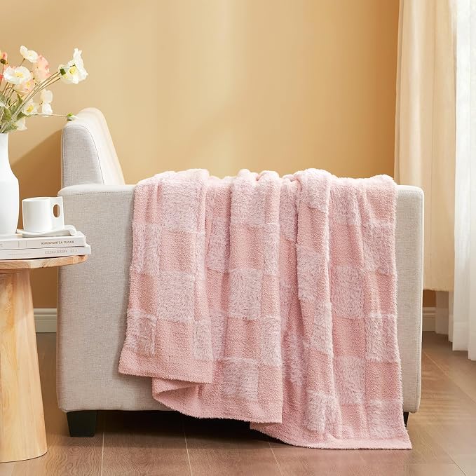 Snuggle Sac Faux Fur Pink Checkered Blanket Twin Size with Soft Knitted Microfiber Fabric,Cozy Soft Warm Blanket for Sofa Bedroom Living Room,Solid Pink,60x80 inches