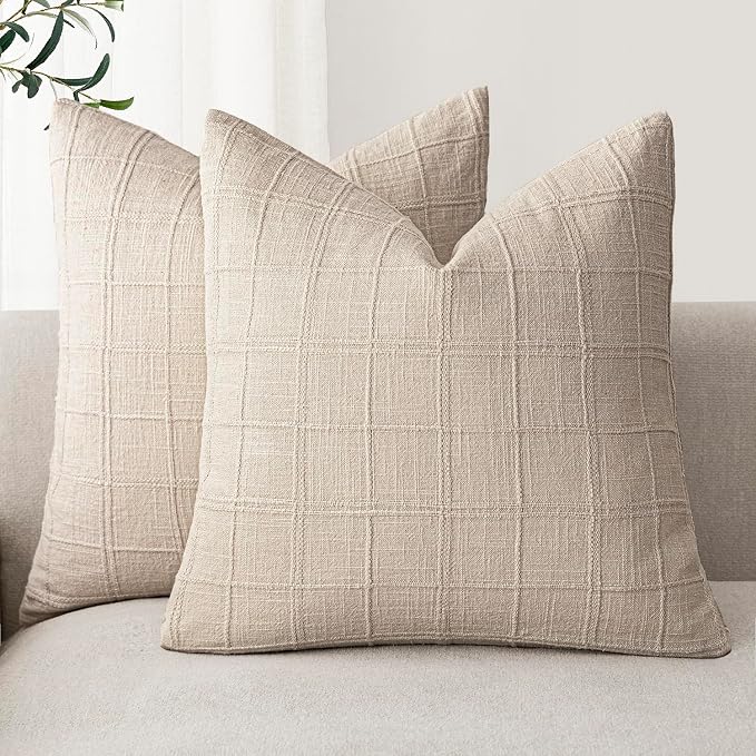 Foindtower Set of 2 Decorative Linen Check Throw Pillow Covers Neutral Farmhouse Vintage Cushion Covers Modern Boho Home Decor for Sofa Chair Couch Bedroom Living Room,26×26 Inch,Natural Linen