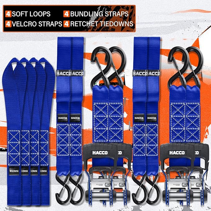 HACCOPLANET Ratchet Straps, 5280lb Break Strengeth, 16FT x 1.6" Heavy Duty Ratchet Tie Down Strap Set w/Padded Handle, S Hook, Soft Loop for UTV Motorcycle Truck Cargo Straps (Blue, 16FT)