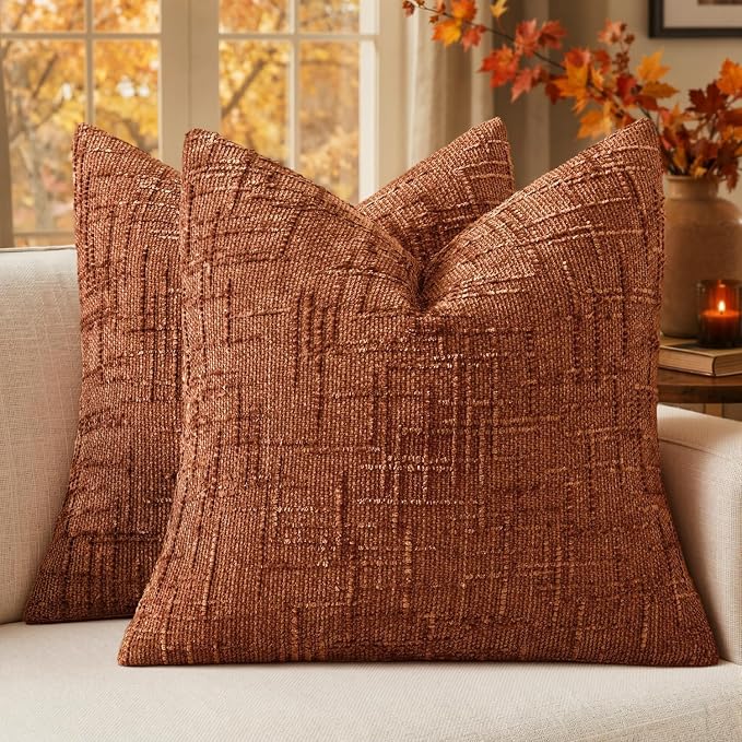MIULEE Chenille Textured Fall Throw Pillow Covers Burnt Orange 16x16 | Set of 2, Slubby Decorative Pillows, Boho Farmhouse Home Decor, Modern Neutral Cushion Covers for Couch Sofa Bed Living Room