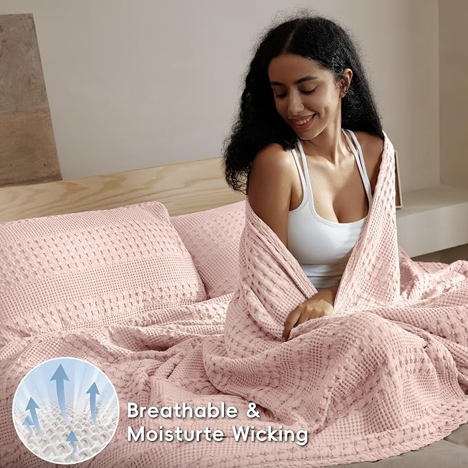 PHF 100% Cotton Waffle Weave Blanket King Size, Lightweight Breathable Summer Blanket for Hot Sleepers, Pre-Washed Soft Layer for Bed, Couch, Home Decor Gift, 108"x90", Pink/Mauve