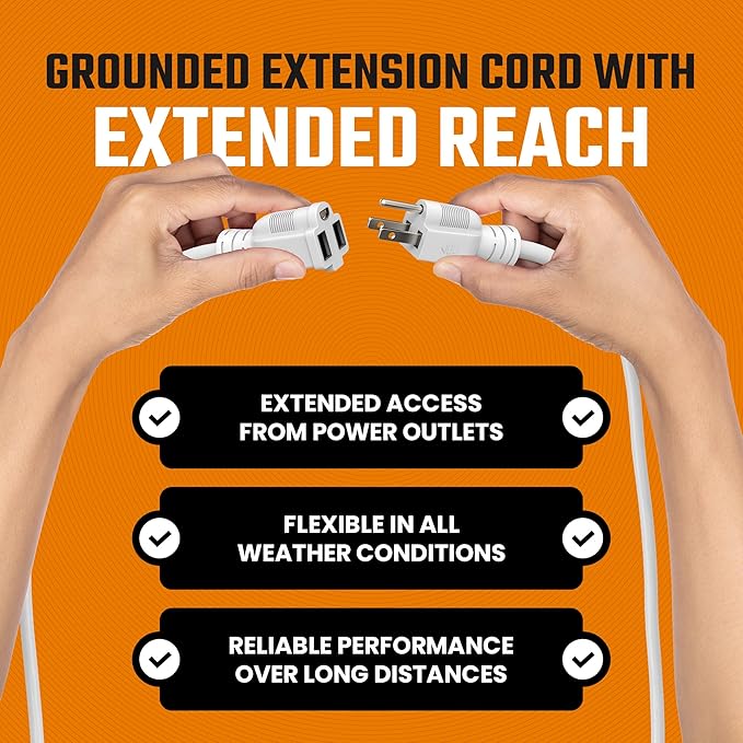 Heavy Duty Outdoor Extension Cord/Wire Power Cable, Indoor/Outdoor Power Cord, 16/3, Single Outlet, 10 Feet, UL Listed, White, 3 Pack