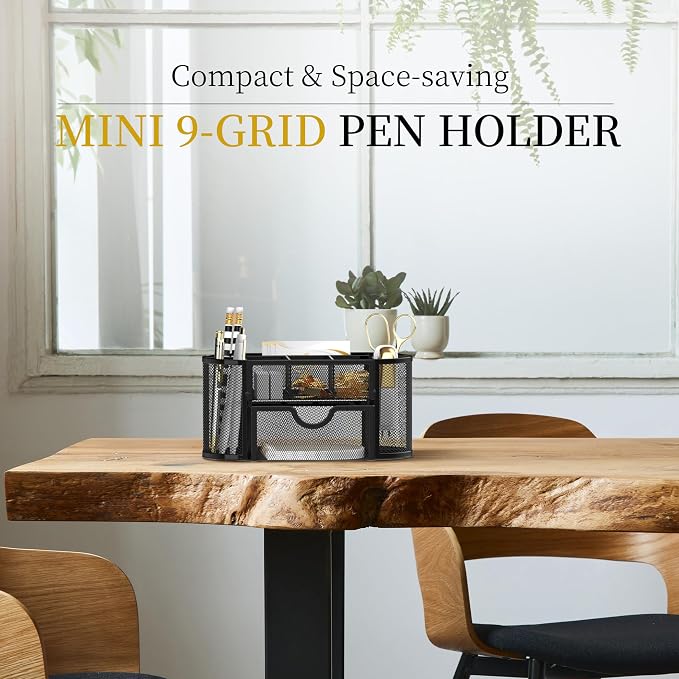 Mesh Desk Organizer with Drawer, 9-Compartment Pen Holder for Desk, Black | Pull-Out Drawer Stores Pens, Pencils, Clips, Notes, and Small Office or School Supplies in One Compact Desk Caddy