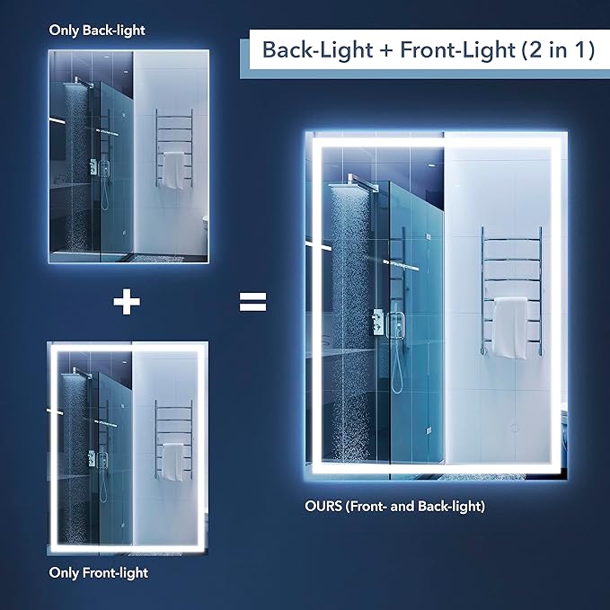 JONATHAN Y MIR100A-3240 Pax 32 in. W x 40 in. H Large Rectangular Frameless Antifog Front/Back-Lit Wall Bathroom Vanity Mirror with Smart Touch