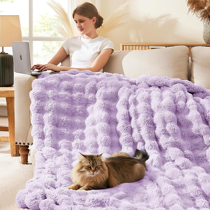 L'AGRATY Faux Rabbit Fur Throw Blanket for Couch, 50'' x 60'', Purple | Soft Cozy Bubble Fluffy Blanket for Sofa Bed, Thick Warm Plush Fuzzy Throw for Room Home Decor, Luxury Gift for Women Mom