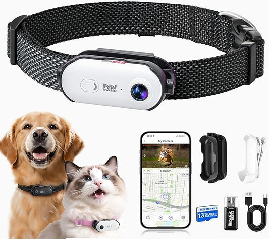 4K UHD Dog& Cat Pet Camera Collar, Video Recorder with Phone App View, Outdoor & Indoor POV Action Cam for Small and Medium-Size Dogs(White - Black Nylon Collar - M, 128g)