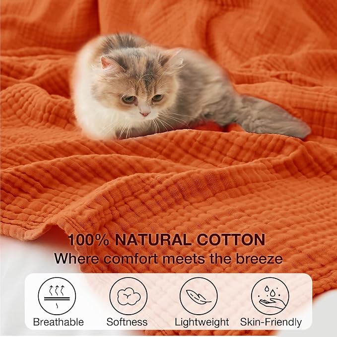100% Cotton Muslin Blanket Large 50"x 70", 6 Layers Breathable and Lightweight Cotton Throw Blankets for Couch, Soft Cooling Summer Gauze Blanket for Adults All Season, Orange