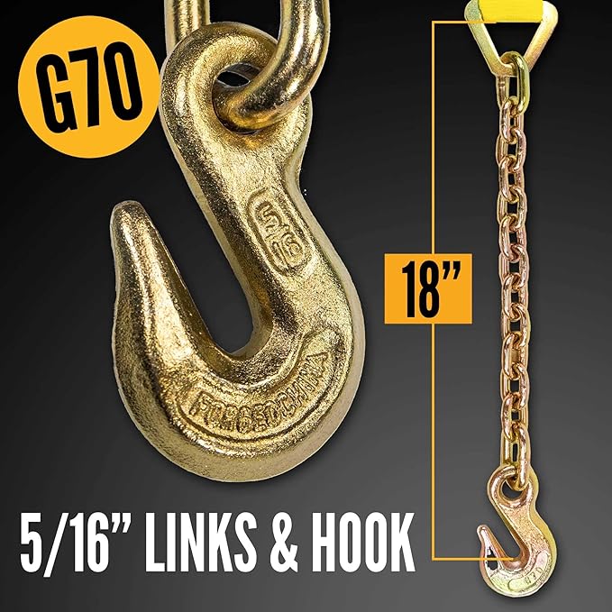 US Cargo Control Chain Ratchet Strap 2 Inch x 27 Foot, 10,000 LBS Break Strength, Heavy Duty Ratchet Straps with Chains Ends & Grab Hooks, Heavy Equipment Tie-Downs, Tractor Tie Downs