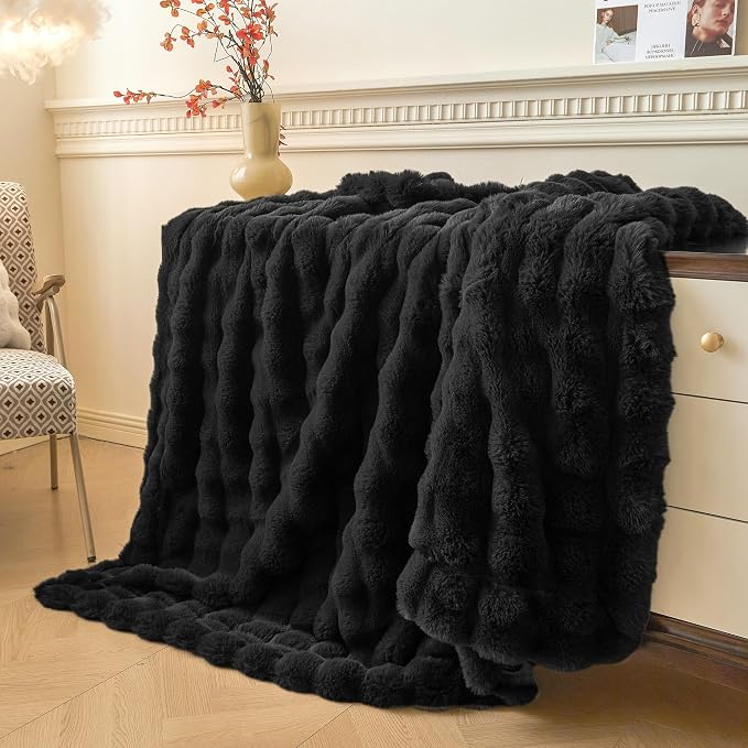 LIFEREVO Luxury Fluffy Faux Rabbit Fur Throw Blanket 50x60, Black | Plush Bubble Blanket for Bedroom Living Room Office, Decorative Soft Furry Lap Throw for Kids Girls Teens Adults, Washable