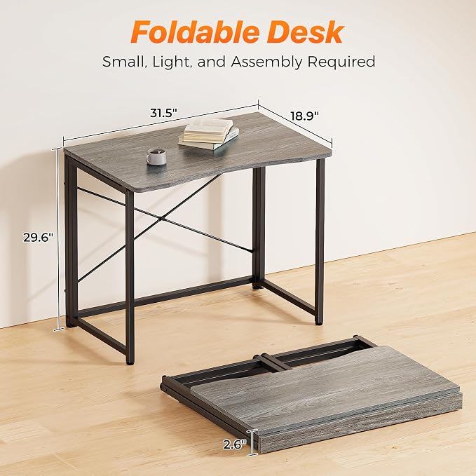 Huuger Folding Desk for Small Spaces, 31.5 Inch Foldable Computer Table, Easy Assembly, for Home Office, Study, Bedroom, Dorm, Space Saving, Small Writing Work Office Computer Desk, Grey