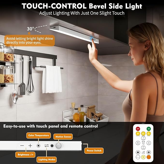 5Pack Touch Control Under Cabinet Lighting, 160LED Super Bright, 4000mAh Long-Lasting, Magnetic Rechargeable Motion Sensor Under Counter Lights for Kitchen, Closet, Remote, Dimmable, 3CC丨White