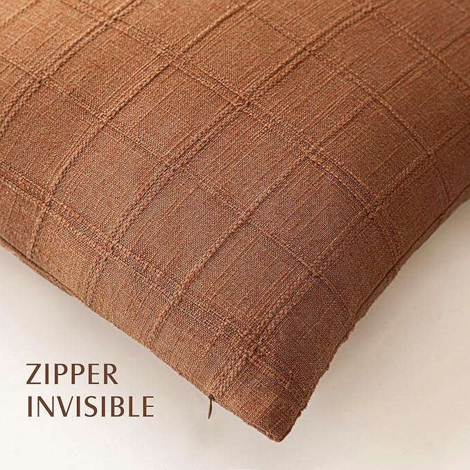 Foindtower Set of 2 Decorative Linen Check Throw Pillow Covers Neutral Farmhouse Vintage Cushion Covers Cozy Modern Boho Home Decor for Sofa Chair Couch Bedroom Living Room,14×36 Inch,Orange