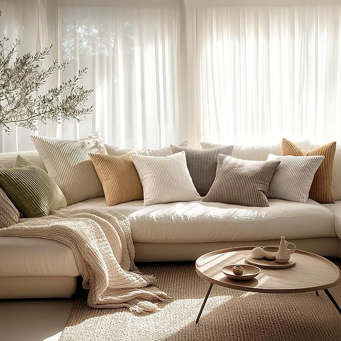 MIULEE Decorative Corduroy Throw Pillow Covers Set of 2 16x16 Cream White | Soft Striped Textured Cushion Cases, Boho Square Pillowcases Neutral Home Decor, for Couch Chair Sofa Bed Living Room